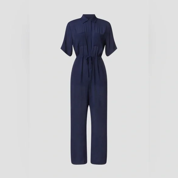 Thakoon Collective Navy blue Short Sleeve Jumpsuit SZ 2 viscose rayon drawstring - Picture 3 of 11